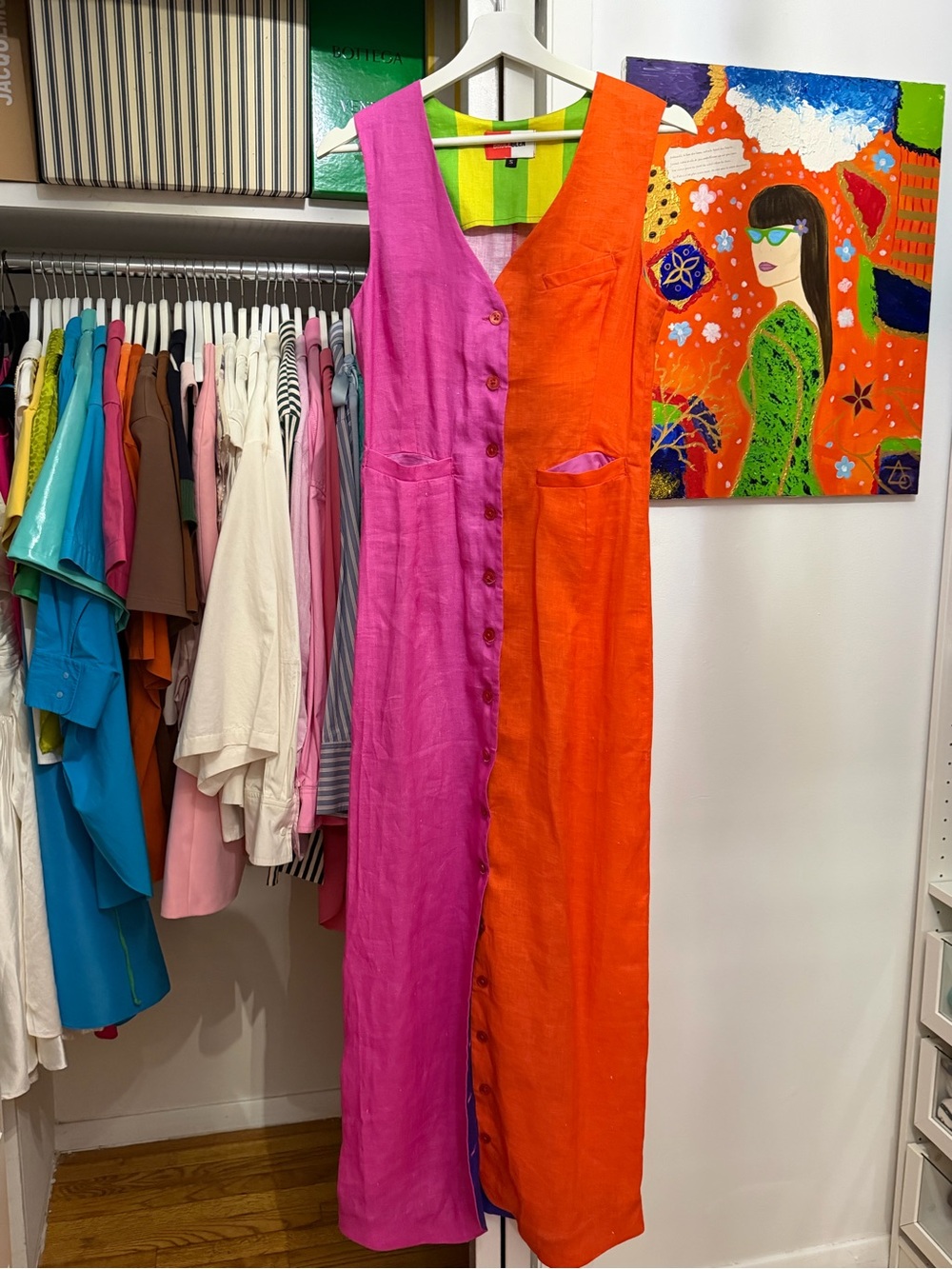 Girls Colorblock Sleeveless Button-Front Dress in Pink and Orange